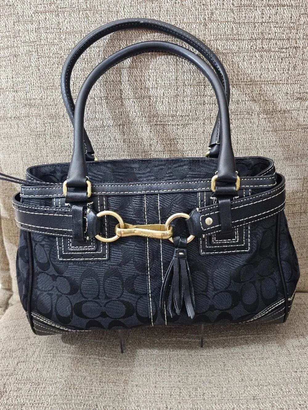 Vintage Coach 10507 Black Signature Jacquard Leather Satchel Y2K 2007
